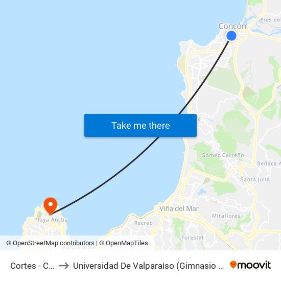 Cortes - Calle 7 to Universidad De Valparaíso (Gimnasio Polideportivo) map