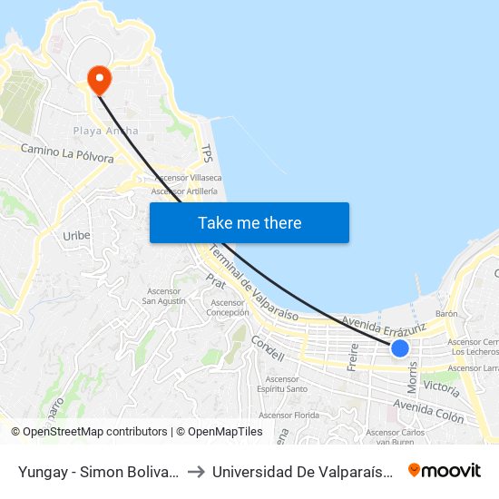 Yungay - Simon Bolivar - Sodimac Valparaiso to Universidad De Valparaíso (Gimnasio Polideportivo) map