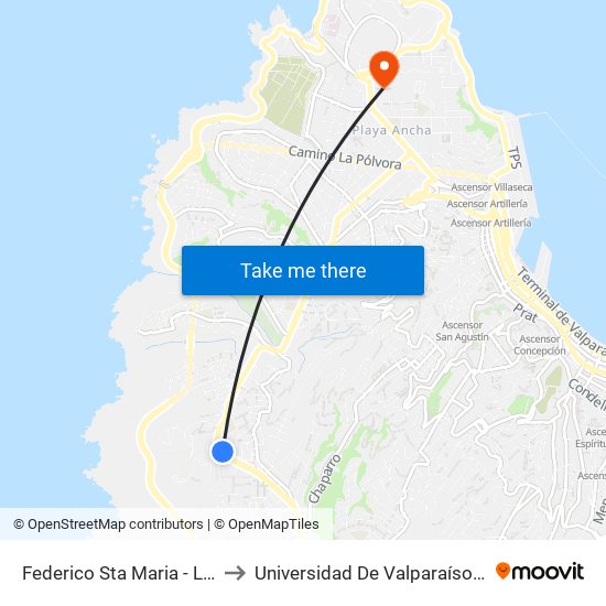 Federico Sta Maria - Luis Emilio Recabarren to Universidad De Valparaíso (Gimnasio Polideportivo) map