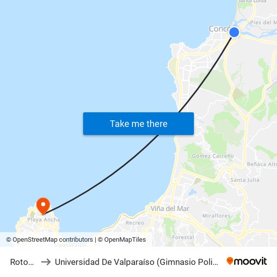 Rotonda to Universidad De Valparaíso (Gimnasio Polideportivo) map