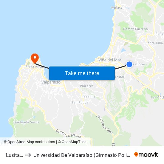 Lusitania to Universidad De Valparaíso (Gimnasio Polideportivo) map