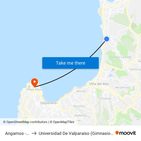 Angamos - Lynch to Universidad De Valparaíso (Gimnasio Polideportivo) map