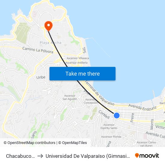 Chacabuco, 1702 to Universidad De Valparaíso (Gimnasio Polideportivo) map