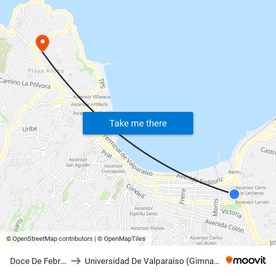 Doce De Febrero, 292 to Universidad De Valparaíso (Gimnasio Polideportivo) map