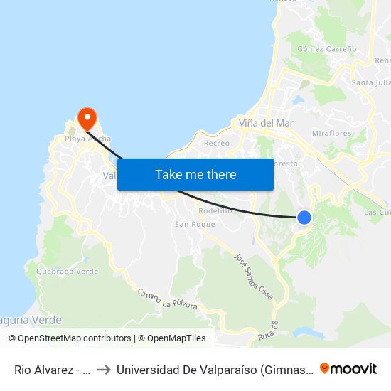 Rio Alvarez - Pje Uno to Universidad De Valparaíso (Gimnasio Polideportivo) map