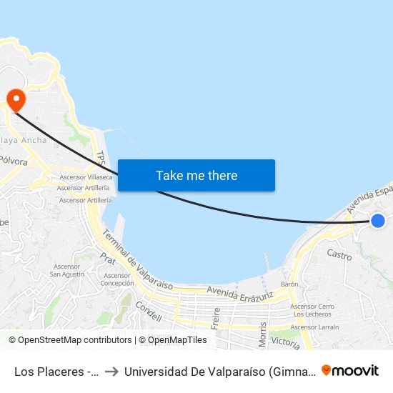 Los Placeres - San Luis to Universidad De Valparaíso (Gimnasio Polideportivo) map