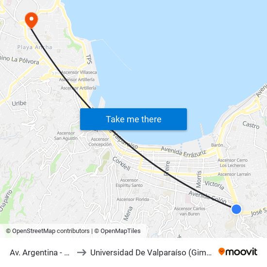 Av. Argentina - Casablanca to Universidad De Valparaíso (Gimnasio Polideportivo) map