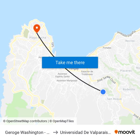 Geroge Washington - Bajada Norte / Poniente to Universidad De Valparaíso (Gimnasio Polideportivo) map