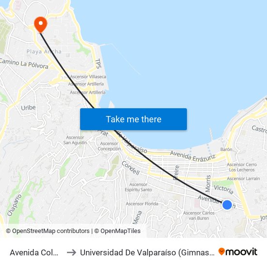 Avenida Colón, 2982 to Universidad De Valparaíso (Gimnasio Polideportivo) map