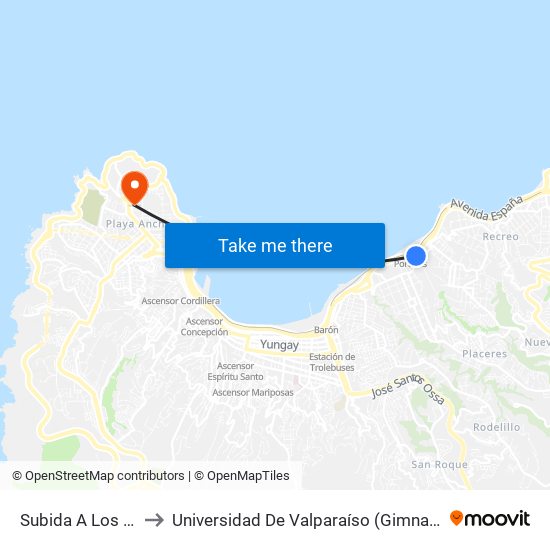 Subida A Los Placeres to Universidad De Valparaíso (Gimnasio Polideportivo) map