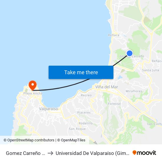 Gomez Carreño / Bencinera to Universidad De Valparaíso (Gimnasio Polideportivo) map