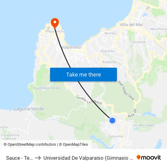 Sauce - Tercera to Universidad De Valparaíso (Gimnasio Polideportivo) map