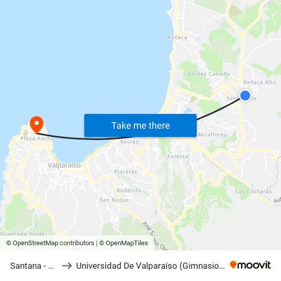 Santana - Calle A to Universidad De Valparaíso (Gimnasio Polideportivo) map