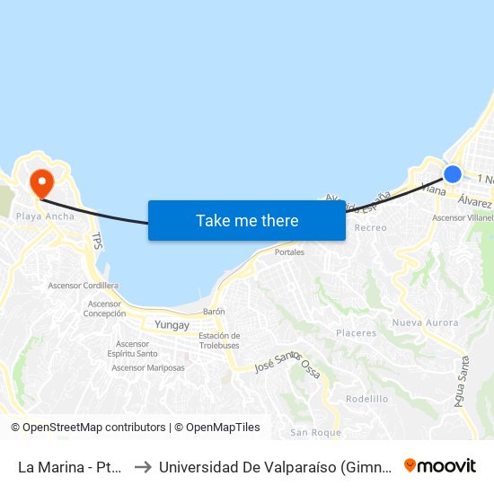 La Marina - Pte Ecuador to Universidad De Valparaíso (Gimnasio Polideportivo) map