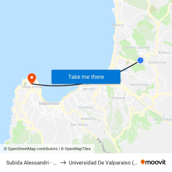 Subida Alessandri - Sta Ines / Poniente to Universidad De Valparaíso (Gimnasio Polideportivo) map