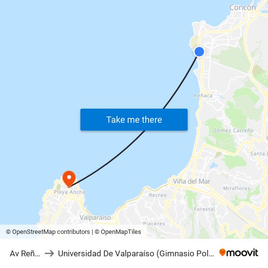 Av Reñaca to Universidad De Valparaíso (Gimnasio Polideportivo) map