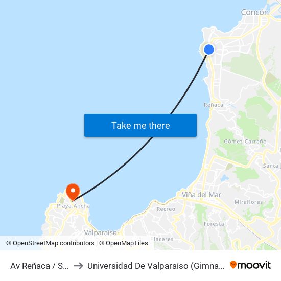 Av Reñaca / Sta Isabel to Universidad De Valparaíso (Gimnasio Polideportivo) map