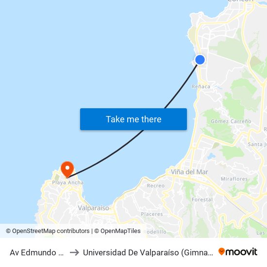 Av Edmundo Eluchans to Universidad De Valparaíso (Gimnasio Polideportivo) map