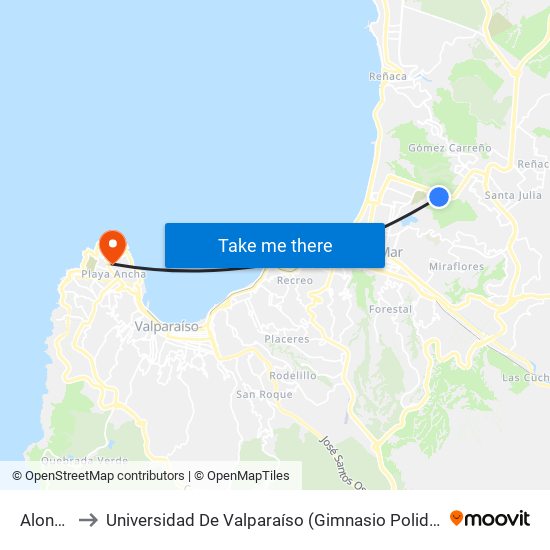 Alondra to Universidad De Valparaíso (Gimnasio Polideportivo) map