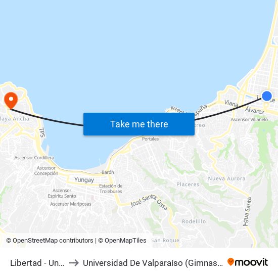 Libertad - Uno Norte to Universidad De Valparaíso (Gimnasio Polideportivo) map