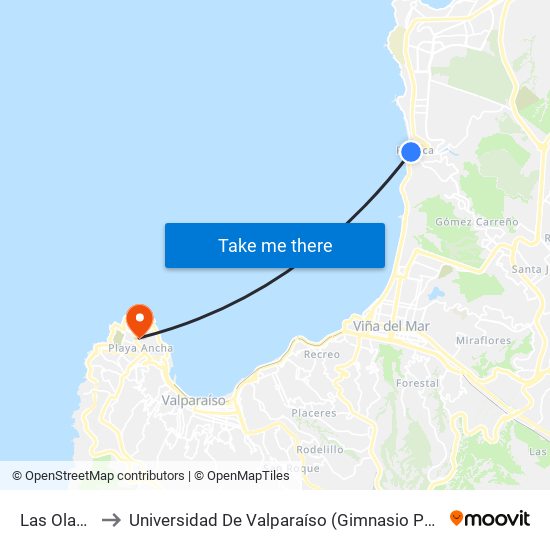 Las Olas, 16 to Universidad De Valparaíso (Gimnasio Polideportivo) map