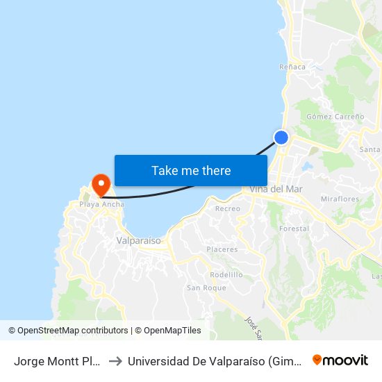 Jorge Montt Playa Del Sol to Universidad De Valparaíso (Gimnasio Polideportivo) map