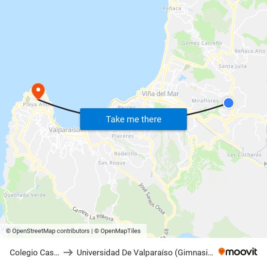 Colegio Castellano to Universidad De Valparaíso (Gimnasio Polideportivo) map