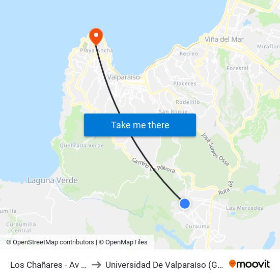 Los Chañares - Av Curauma Norte to Universidad De Valparaíso (Gimnasio Polideportivo) map