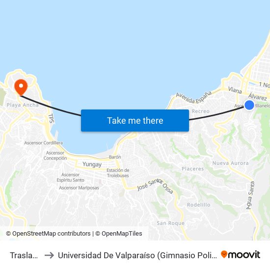 Traslaviña to Universidad De Valparaíso (Gimnasio Polideportivo) map