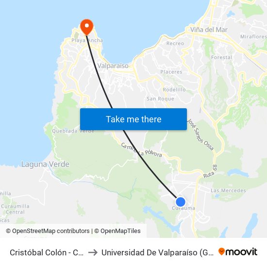 Cristóbal Colón - Cardenal Samoré to Universidad De Valparaíso (Gimnasio Polideportivo) map