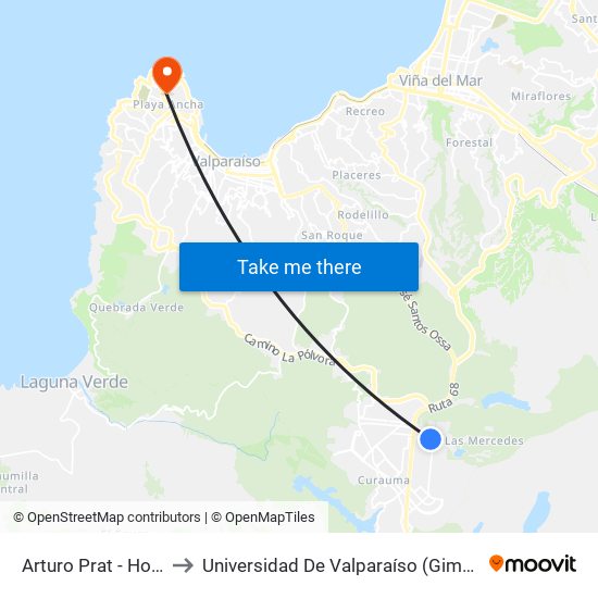 Arturo Prat - Holanda / Sur to Universidad De Valparaíso (Gimnasio Polideportivo) map