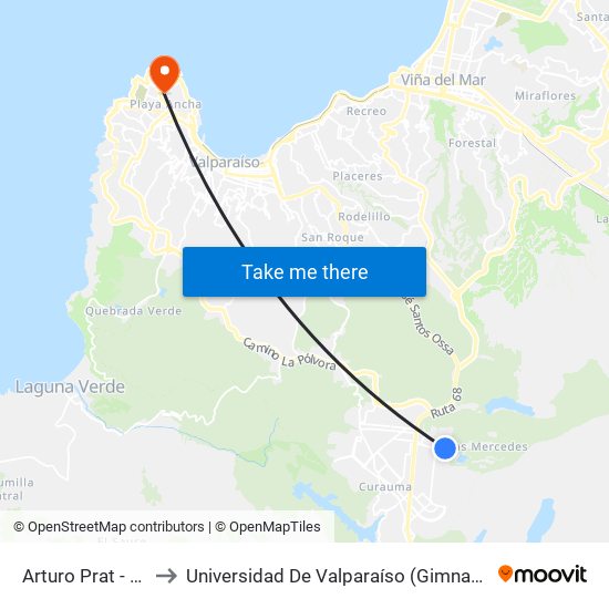 Arturo Prat - Portugal to Universidad De Valparaíso (Gimnasio Polideportivo) map