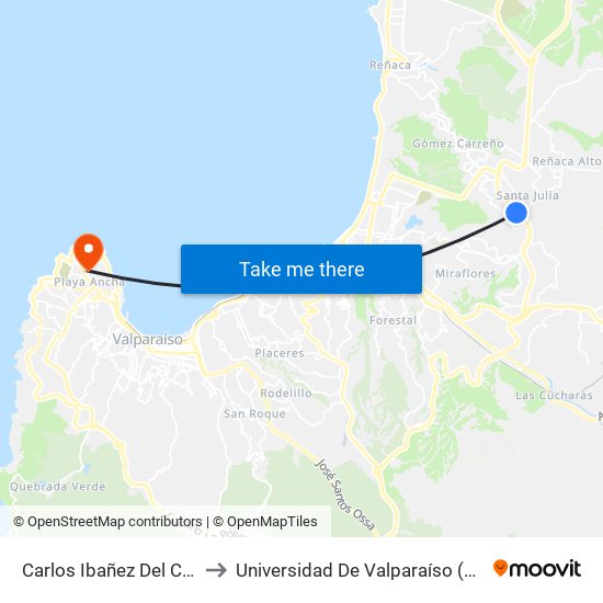 Carlos Ibañez Del Campo - Guacolda to Universidad De Valparaíso (Gimnasio Polideportivo) map