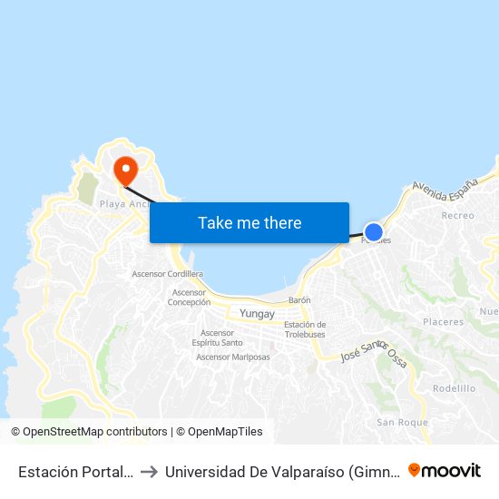 Estación Portales / Norte to Universidad De Valparaíso (Gimnasio Polideportivo) map