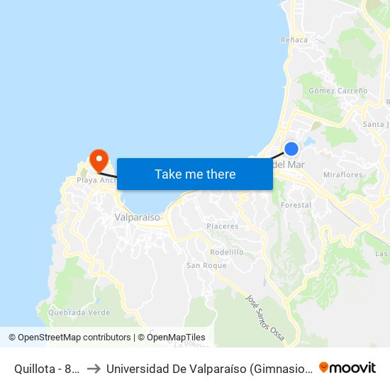 Quillota - 8 Norte to Universidad De Valparaíso (Gimnasio Polideportivo) map