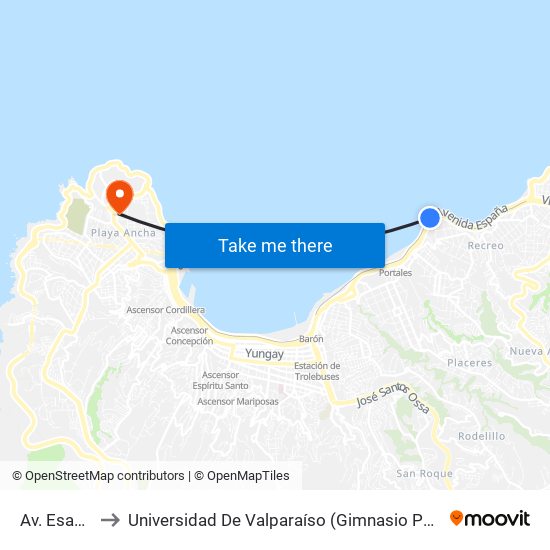 Av. Esapaña to Universidad De Valparaíso (Gimnasio Polideportivo) map