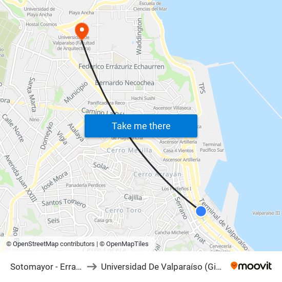 Sotomayor - Errazuriz - Puerto to Universidad De Valparaíso (Gimnasio Polideportivo) map