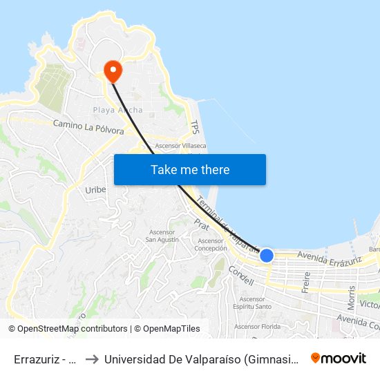 Errazuriz - Molina to Universidad De Valparaíso (Gimnasio Polideportivo) map