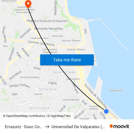 Errazuriz - Duoc Cousiño / Poniente to Universidad De Valparaíso (Gimnasio Polideportivo) map