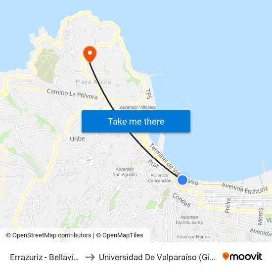 Errazuriz - Bellavista / Poniente to Universidad De Valparaíso (Gimnasio Polideportivo) map