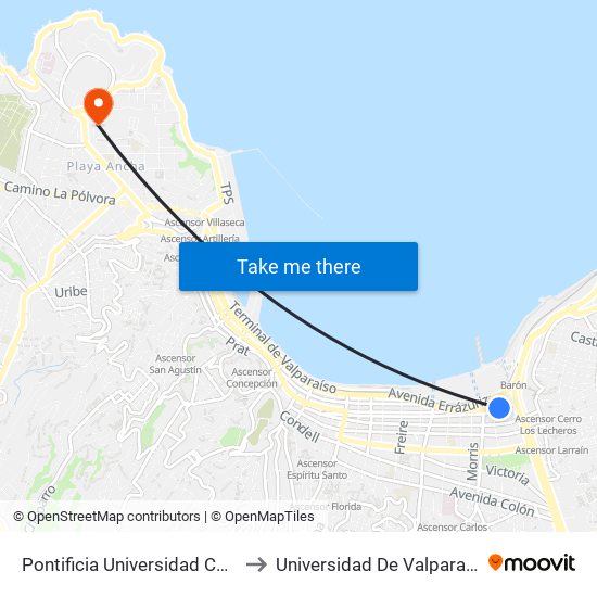 Pontificia Universidad Catolica De Valparaiso - Gimpert to Universidad De Valparaíso (Gimnasio Polideportivo) map