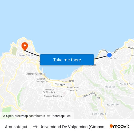 Amunategui / Norte to Universidad De Valparaíso (Gimnasio Polideportivo) map