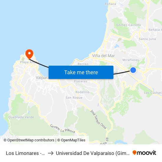 Los Limonares - Pasaje Uno to Universidad De Valparaíso (Gimnasio Polideportivo) map