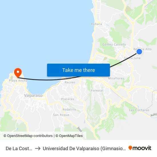 De La Costa, 760 to Universidad De Valparaíso (Gimnasio Polideportivo) map