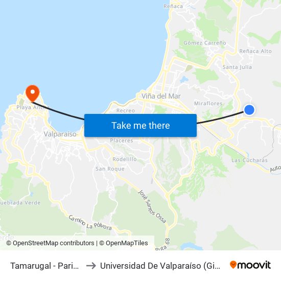 Tamarugal - Parinacota / Este to Universidad De Valparaíso (Gimnasio Polideportivo) map