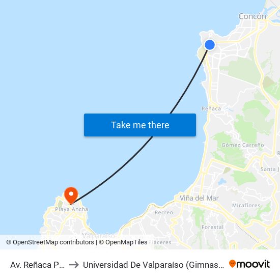 Av. Reñaca Poniente to Universidad De Valparaíso (Gimnasio Polideportivo) map