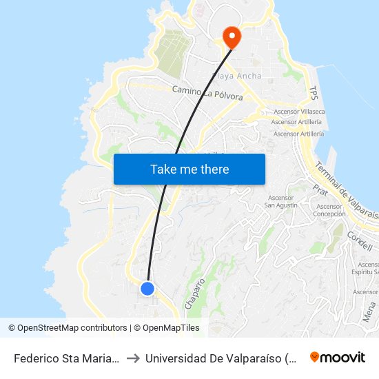 Federico Sta Maria / Calle Veintdos to Universidad De Valparaíso (Gimnasio Polideportivo) map