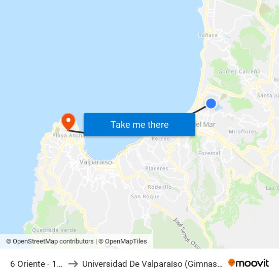 6 Oriente - 14 Norte to Universidad De Valparaíso (Gimnasio Polideportivo) map