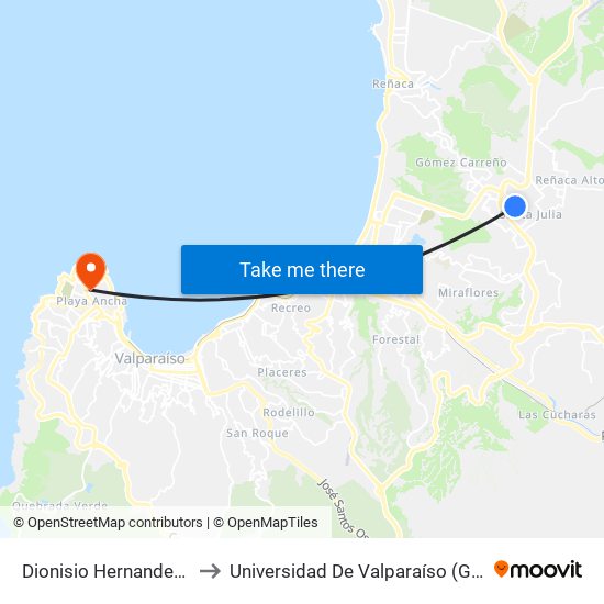 Dionisio Hernandez - Los Geranios to Universidad De Valparaíso (Gimnasio Polideportivo) map