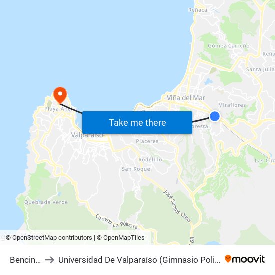 Bencinera to Universidad De Valparaíso (Gimnasio Polideportivo) map